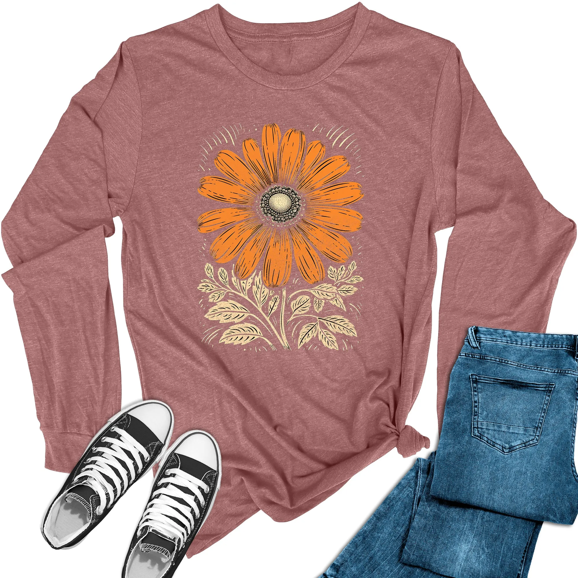 Women's Boho Flower Long Sleeve Graphic Tees