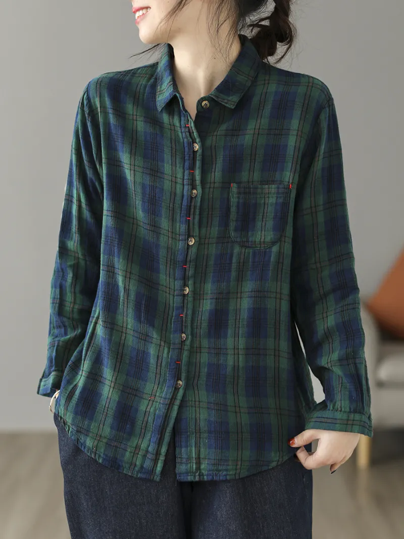 Women's Cardigan Loose Cotton Lining Check Pattern Shirt