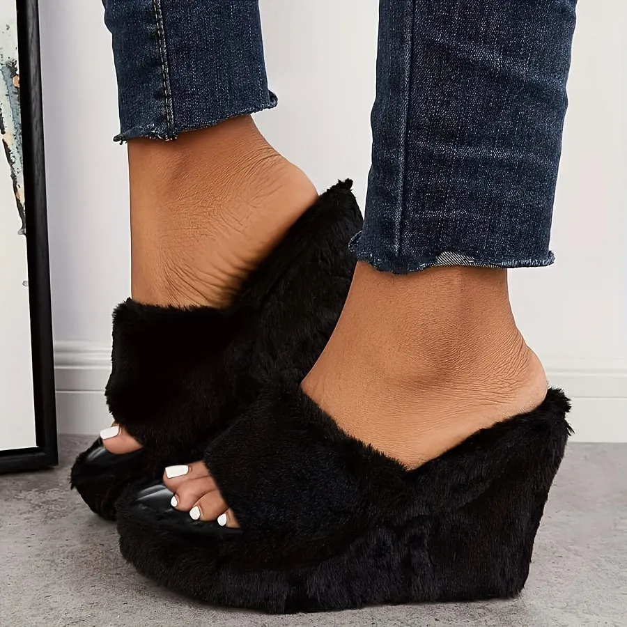 Women's Furry Toe Platform Wedge Slippers, Sandals