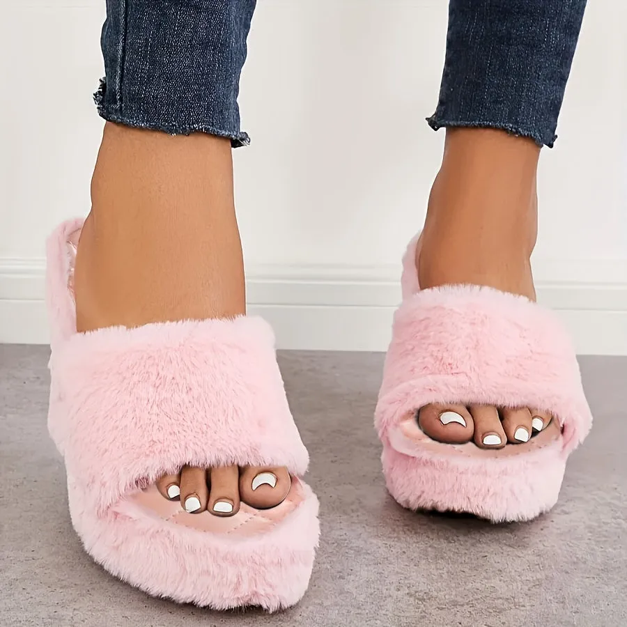 Women's Furry Toe Platform Wedge Slippers, Sandals