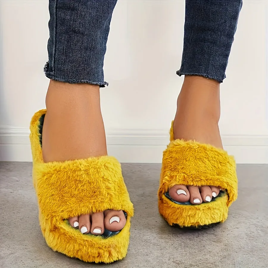 Women's Furry Toe Platform Wedge Slippers, Sandals