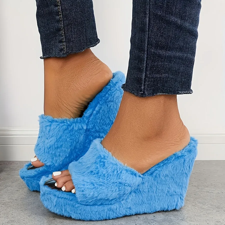 Women's Furry Toe Platform Wedge Slippers, Sandals