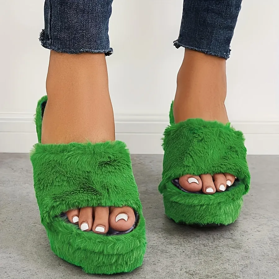 Women's Furry Toe Platform Wedge Slippers, Sandals