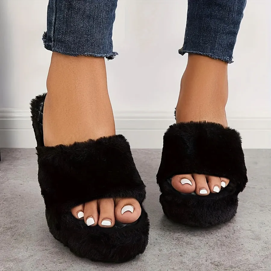 Women's Furry Toe Platform Wedge Slippers, Sandals