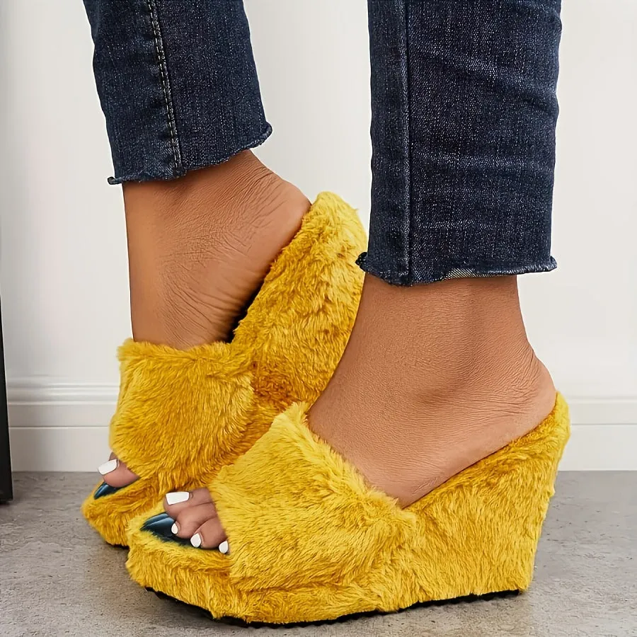 Women's Furry Toe Platform Wedge Slippers, Sandals