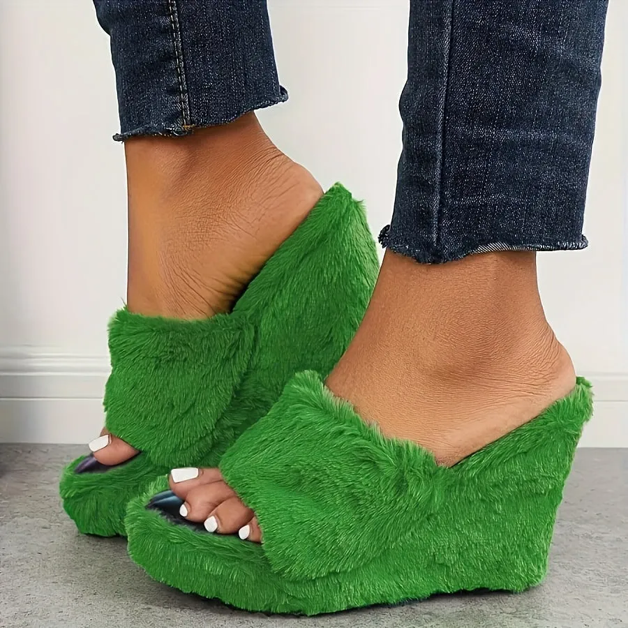 Women's Furry Toe Platform Wedge Slippers, Sandals