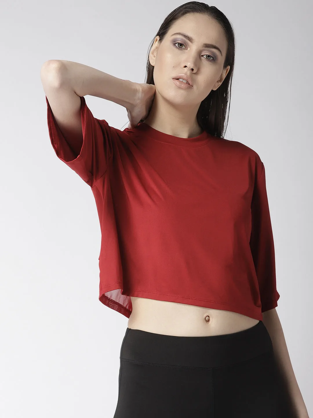 Women's Maroon Solid Layered Crop Top