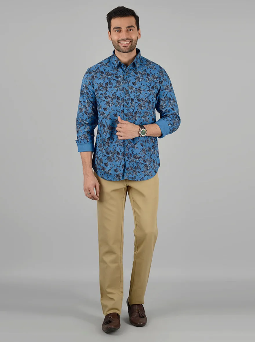 Yale Blue Printed Slim Fit Casual Shirt | Greenfibre